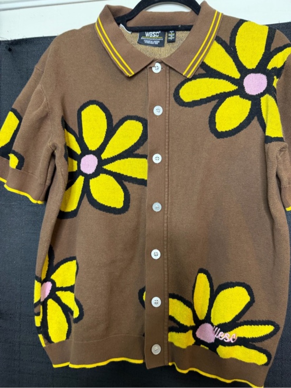 WESC Brown Button-Front Polo Cardigan with Yellow & Pink Floral Design